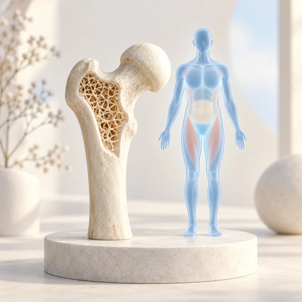 Výukový model stehenní kosti vedle průsvitné siluety těla; ilustrační obálka, nikoli diagnostický snímek.
