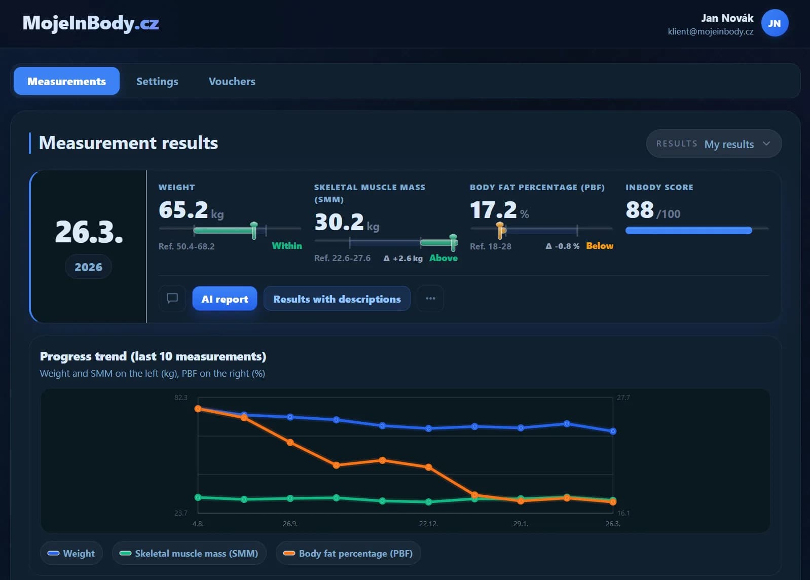 Preview of the main MojeInBody client portal page in dark mode