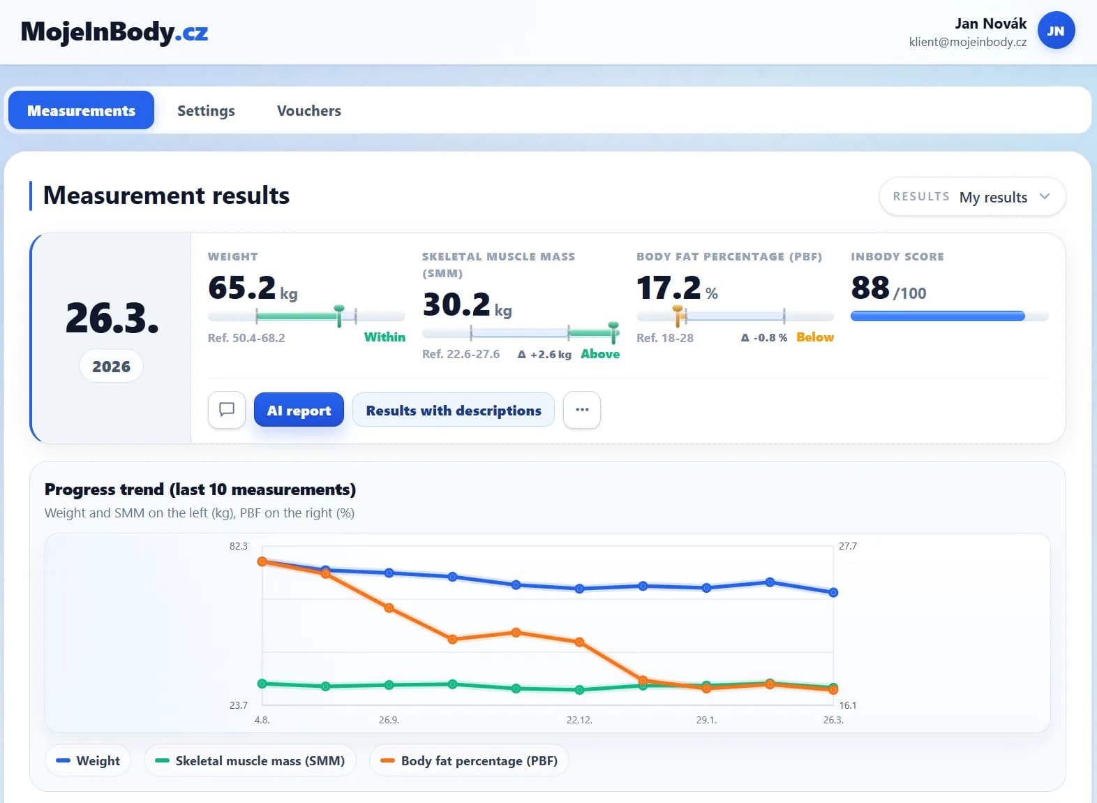 Preview of the main MojeInBody client portal page in light mode