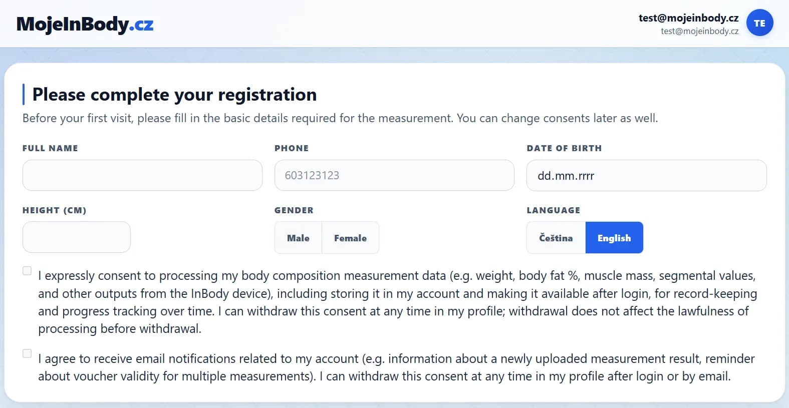 Preview of onboarding during the first sign-in to the MojeInBody client portal