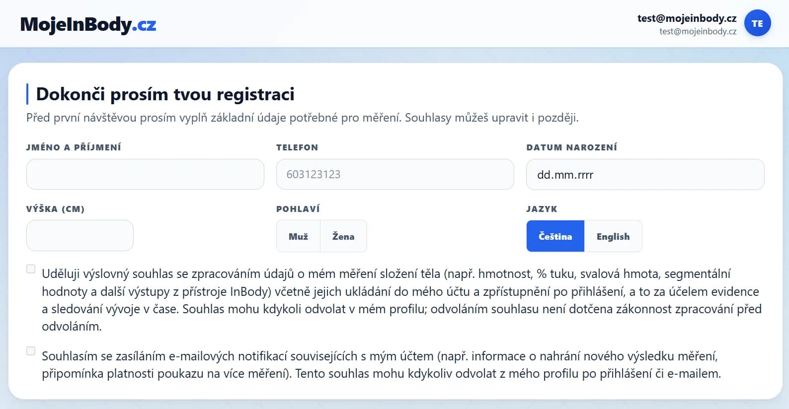 Náhled onboardingu při prvním přihlášení do klientského portálu MojeInBody
