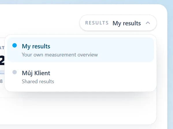 Preview of choosing between own and shared results in the MojeInBody client portal