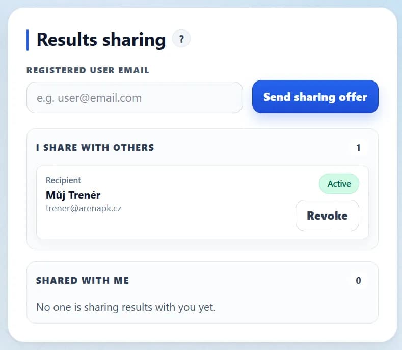Preview of result sharing management in the MojeInBody client portal