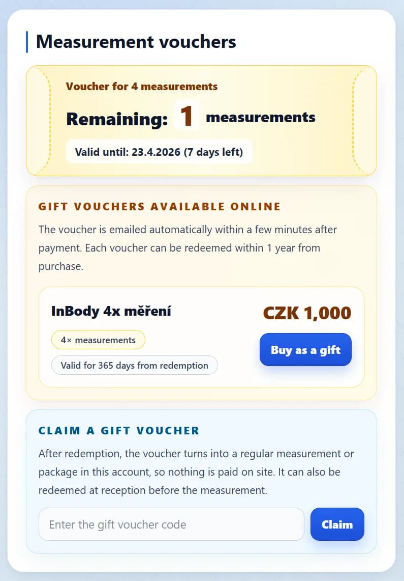 Preview of measurement packages and gift vouchers in the MojeInBody client portal