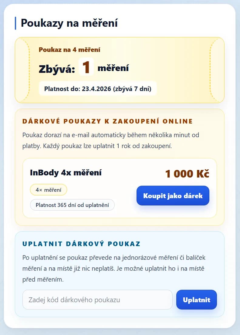 Náhled balíčků měření a dárkových poukazů v klientském portálu MojeInBody